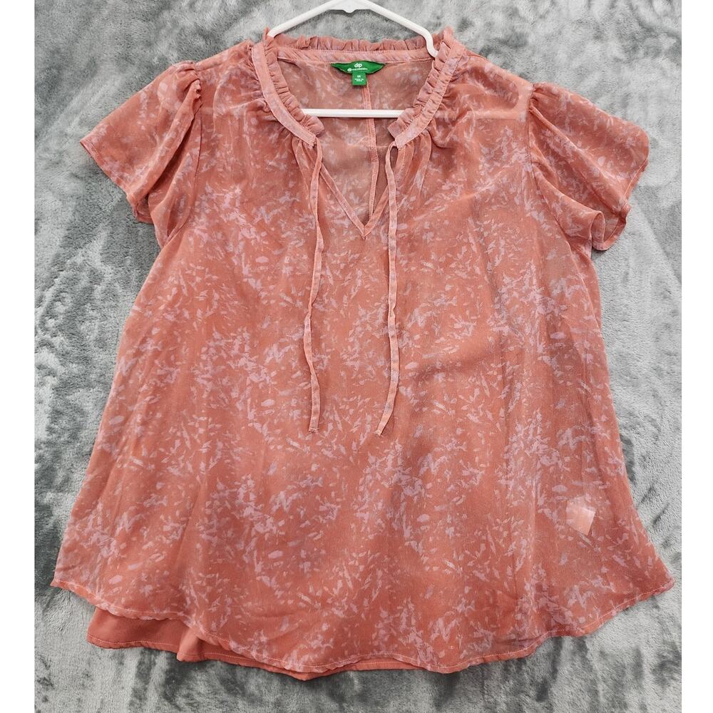 Dip Top Womens 1X Peach Orange Pink Floral Chiffon Tie Neck Flutter Sleeve Lined